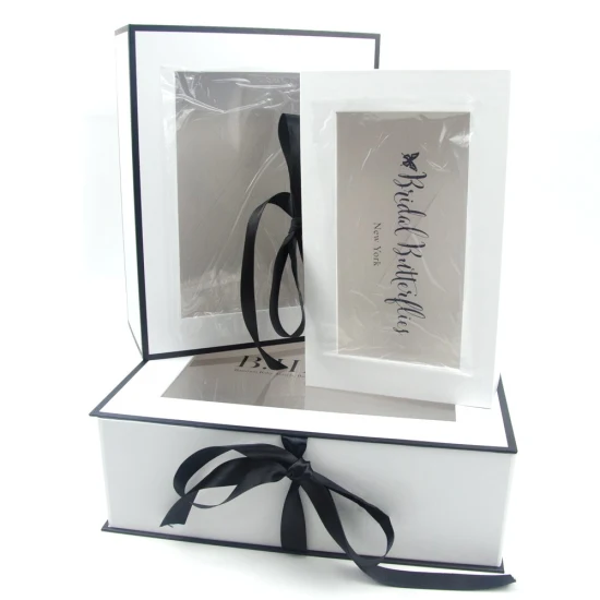 Eco Friendly Recycled Square Custom Folding Packaging Clothing Cosmetic Gift Paper Box with Clear PVC Window Black Ribbon